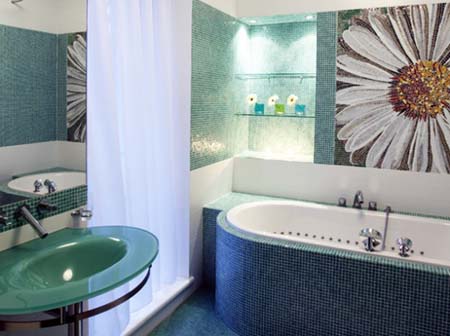 Bathroom interior with bath tub and stylish wall tiles